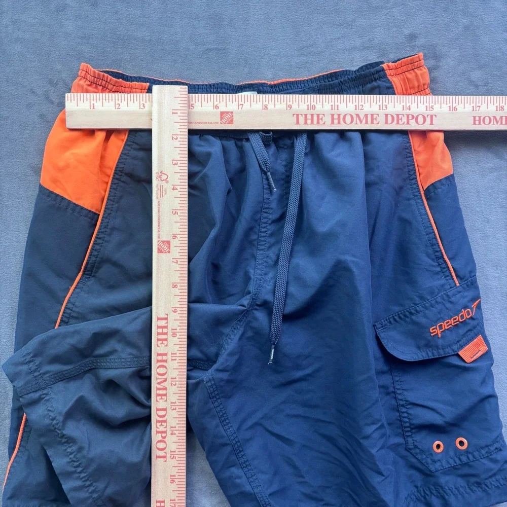 Speedo Mens Swim Trunks Navy Orange Colorblock Cargo Pocket Small